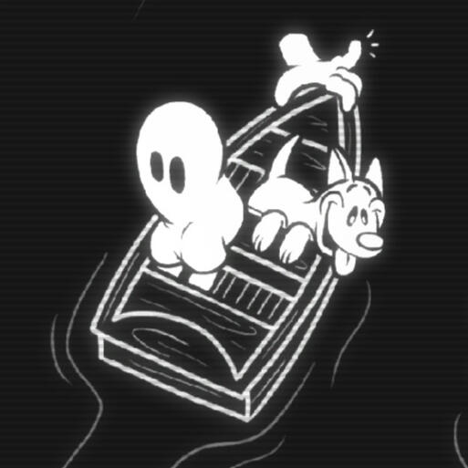 a black and white drawing of friendo, the hand, and milo the dog, from the buddy simulator 1984 trading card art, on a boat sailing down a river.