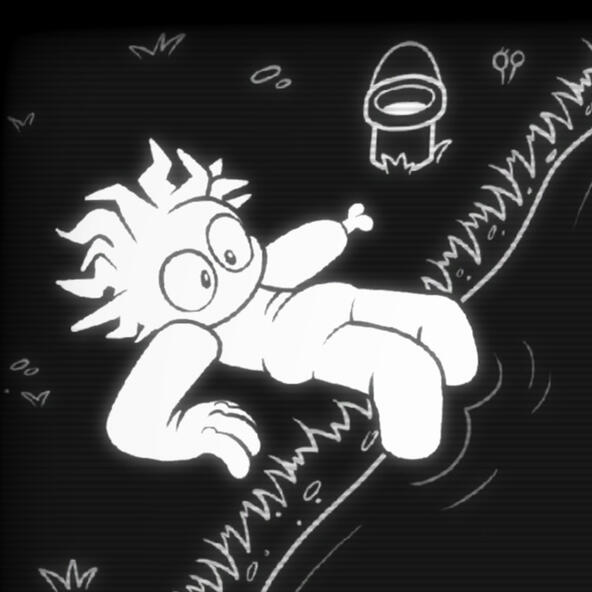 a black and white drawing of dundee, from buddy simulator 1984's trading card artwork, laying in the grass with his feet in the river.